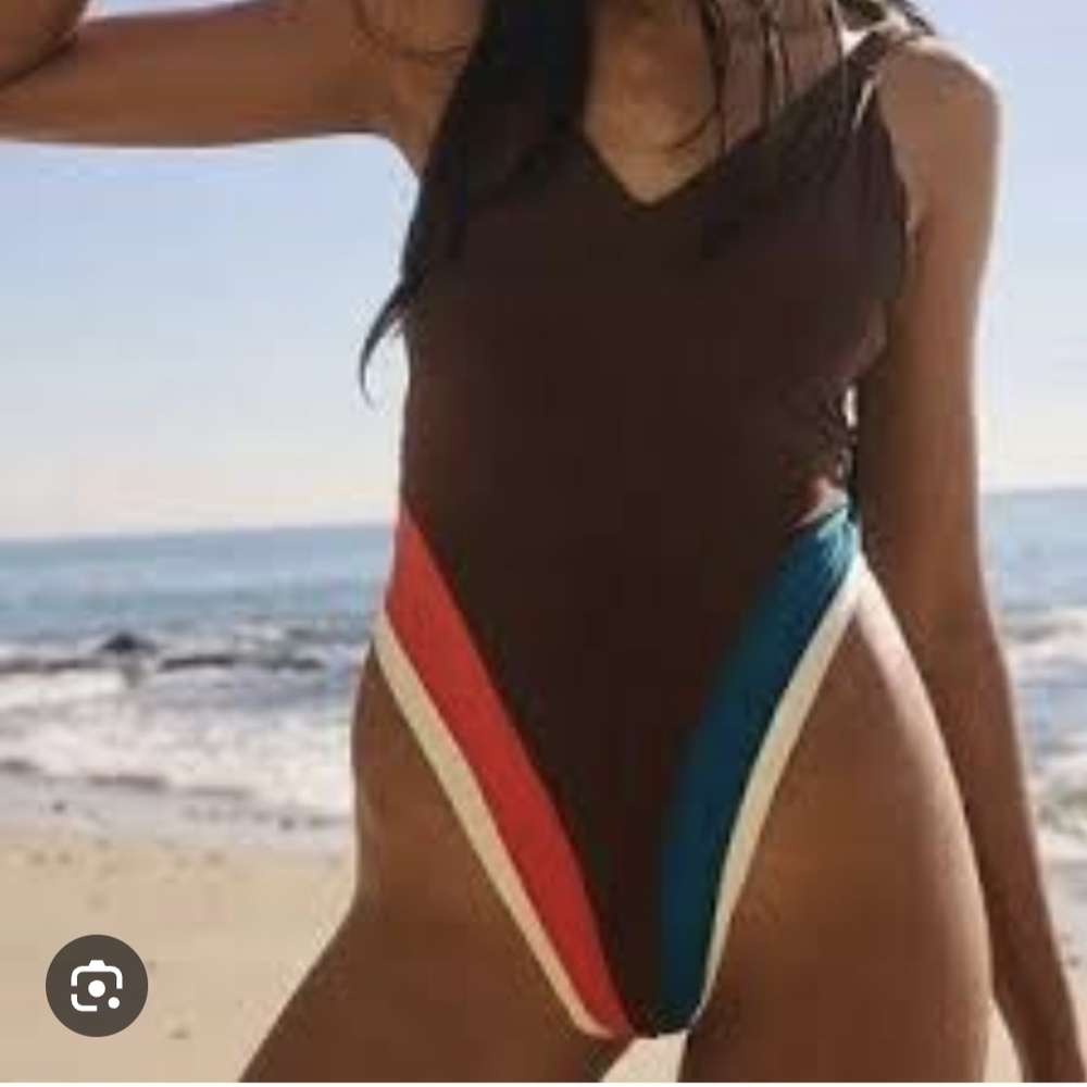 Brown One-Piece Swimsuit with Colorful Stripes